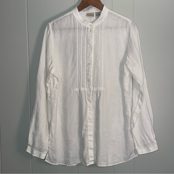 L.L. Bean Tops - L.L.Bean White Linen Tuxedo Bib Band Collar Button Up Contemporary Prairie Top M